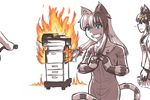  :/ alternate_costume animal_ears annoyed anubis_(monster_girl_encyclopedia) blue_eyes bwsnowy cat_ears cat_tail cheshire_cat_(monster_girl_encyclopedia) copy_machine failure fire fire_extinguisher flame grin hair_ornament hair_ribbon hands_together highres long_hair monster_girl monster_girl_encyclopedia multicolored_hair multiple_girls paws ribbon simple_background sketch smile spot_color striped_tail tail tress_ribbon two-tone_hair v-shaped_eyebrows white_background 