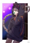  1girl animal_ear_hood baggy_clothes black_hair bubble_blowing casual chewing_gum duel_monster hands_in_pockets hat_under_hood highres hood hoodie i:p_masquerena long_hair mechanical_tail mochi_curry official_alternate_costume purple_eyes solo tail yu-gi-oh! 