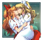  2girls aged_up blonde_hair brown_hair closed_eyes dress elise_liedl hair_ribbon harleequeen kiss lebkuchen_(little_goody_two_shoes) little_goody_two_shoes long_hair multiple_girls ponytail red_ribbon ribbon suspenders white_dress white_ribbon yuri 