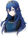  1girl ameno_(a_meno0) black_sweater blue_eyes blue_hair closed_mouth commentary_request cropped_torso fire_emblem fire_emblem_awakening hair_between_eyes long_hair long_sleeves looking_at_viewer lucina_(fire_emblem) ribbed_sweater simple_background smile solo sweater tiara turtleneck turtleneck_sweater white_background 