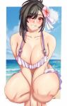  1girl anisdrawn bare_shoulders beach bikini black_hair blue_sky breasts cloud commentary day final_fantasy final_fantasy_vii flower grin hair_flower hair_ornament highres large_breasts long_sleeves looking_at_viewer ocean outdoors pink_flower red_eyes ribbon sky smile solo squatting swimsuit thighs tifa_lockhart water white_bikini white_ribbon 