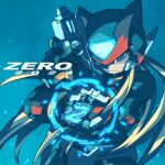  1boy 2024 absurdres android blonde_hair blue_background blue_eyes character_name commentary_request english_text gun helmet highres holding holding_gun holding_weapon iikoao long_hair male_focus mega_man_(series) mega_man_zero_(series) mega_man_zero_4 solo weapon zero(z)_(mega_man) zero_(mega_man) 