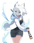  1girl animal_ears blue_eyes breasts cat_ears highres holding holding_sword holding_weapon katana original simple_background solo sword tail thighs wang0424 weapon white_background white_hair 