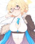  1girl ahoge bed_sheet between_breasts black_jacket blonde_hair blue_archive blue_necktie blush braid breasts cleavage collared_shirt commentary_request fur-trimmed_jacket fur_trim grey_skirt hair_between_eyes halo highres jacket jacket_partially_removed kotori_(blue_archive) large_breasts long_sleeves looking_at_viewer lying midriff navel necktie necktie_between_breasts on_back open_mouth pleated_skirt red_eyes shirt side_braid sidelocks skirt solo steam sweat teardrop-framed_glasses triangle_halo underbust upper_body watarui yellow_halo 