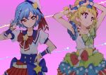  2girls adjusting_bow arms_up blonde_hair blue_eyes blue_hair blunt_bangs bow breasts closed_mouth cone_hair_bun cowboy_shot dorothy_west double_bun enouchi_ai furrowed_brow green_bow hair_bow hair_bun hand_on_own_hip hand_up hat looking_at_another looking_to_the_side minami_mirei multiple_girls playing_with_own_hair pleated_skirt pretty_series pripara puffy_short_sleeves puffy_sleeves red_bow red_skirt sailor_hat shirt short_hair short_sleeves skirt small_breasts standing star_(symbol) white_headwear white_shirt wrist_cuffs 