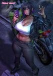  1girl absurdres b_0_rukia black_hair black_nails blunt_bangs blush boots breasts brown_eyes cellphone cigarette cleavage covered_nipples dark-skinned_female dark_skin denim highres jacket jeans midriff motor_vehicle motorcycle navel original pants parted_lips phone purple_hair short_hair smartphone solo tank_top 