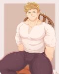  1boy absurdres artist_name bara black_pants blonde_hair chair closed_mouth commission granblue_fantasy green_eyes highres large_pectorals male_focus muscular muscular_male pants pectoral_cleavage pectorals rapbitan shirt short_hair simple_background sitting smile solo thick_thighs thighs vane_(granblue_fantasy) white_shirt 
