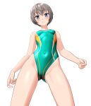  1girl absurdres aqua_one-piece_swimsuit ass_visible_through_thighs blue_eyes breasts clothes_writing commentary_request competition_swimsuit covered_navel from_below grey_hair highleg highleg_swimsuit highres looking_at_viewer multicolored_clothes multicolored_swimsuit one-piece_swimsuit original parted_lips short_hair simple_background small_breasts solo standing swimsuit takafumi tomboy variant_set white_background 