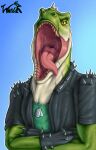 absurd_res anthro bodily_fluids dinosaur dog_tags green_body hi_res male mouth_shot open_mouth reptile rocco_(tallion) saliva scales scalie sharp_teeth solo spiked_jacket teeth theropod tongue tongue_out tyrannosaurid tyrannosaurus tyrannosaurus_rex ward0r