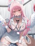  1girl 1other absurdres angel_wings blue_archive blush breasts cleavage dress feathered_wings flower hair_bun hair_flower hair_ornament hat highres holding large_breasts long_hair mika_(blue_archive) nurse nurse_cap open_mouth pink_flower pink_hair short_sleeves single_side_bun solo_focus thighhighs white_dress white_headwear white_thighhighs white_wings wings wrist_cuffs yam_s2 yellow_eyes 