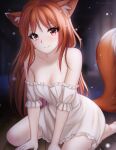  1girl animal_ears arm_support bare_shoulders barefoot breasts brown_hair cleavage dress gigamessy highres holo long_hair looking_at_viewer off-shoulder_dress off_shoulder red_eyes seiza short_dress short_sleeves sitting small_breasts smile solo spice_and_wolf tail very_long_hair white_dress wolf_ears wolf_tail 