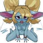 anthro blonde_hair blue_body blush bodily_fluids breasts female genital_fluids genitals hair hi_res league_of_legends nipples nude null0patience poppy_(lol) pussy riot_games simple_background solo yordle