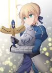  1girl ahoge armor armored_dress artoria_pendragon_(fate) blonde_hair braid breastplate cross_(crossryou) dress excalibur_(fate/stay_night) fate/stay_night fate_(series) frown green_eyes hair_between_eyes hair_ribbon highres holding holding_sword holding_weapon juliet_sleeves long_sleeves looking_at_viewer puffy_sleeves ribbon saber_(fate) short_hair solo sword weapon 