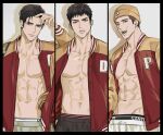  14ho_sd 3boys abs adjusting_hair alternate_hairstyle arm_up black_eyes black_hair buzz_cut candy cowboy_shot food fukatsu_kazunari jacket letterman_jacket lollipop looking_at_viewer male_focus matsumoto_minoru mitsui_hisashi mouth_hold multiple_boys open_clothes open_jacket scar scar_on_chin scar_on_face shadow short_hair simple_background slam_dunk_(series) smile toned toned_male very_short_hair white_background 