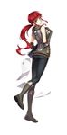  boots border_break clipboard elbow_gloves full_body gloves green_eyes green_footwear hand_on_own_chest knee_boots long_hair looking_at_viewer looking_back low_ponytail official_art pants paper red_hair simple_background solo standing white_background 