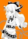  1girl absurdres arm_at_side bare_arms belt bow bowtie chain chained chained_wrists closed_mouth cowboy_shot dress fang fang_out finger_gun greyscale_with_colored_background hair_bow highres horn_ornament horn_ribbon horns ibuki_suika inuyama_konan long_hair looking_at_viewer oni orange_background pointing pointing_at_viewer ribbon sidelocks sleeveless sleeveless_dress slit_pupils solo standing touhou 