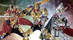  3boys absurdres armor black_cape cape dual_wielding full_armor gold_armor highres holding holding_sword holding_weapon kamen_rider kamen_rider_blade kamen_rider_blade_(king_form) kamen_rider_blade_(series) kamen_rider_gaim kamen_rider_gaim_(kiwami_arms) kamen_rider_gaim_(series) kamen_rider_kiva kamen_rider_kiva_(emperor_form) kamen_rider_kiva_(series) kuzurx multicolored multicolored_eyes multiple_boys red_cape red_eyes sword tokusatsu visor weapon 