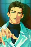  14ho_sd 1boy black_hair character_request coat collared_coat facing_viewer holding holding_mahjong_tile looking_at_viewer mahjong_tile male_focus slam_dunk_(series) solo sweater teeth tile_wall tiles translation_request turtleneck turtleneck_sweater white_coat wrinkled_skin 