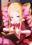  &gt;:( beatrice_(re:zero) blonde_hair blue_eyes blurry blush book book_stack capelet crown depth_of_field dress drill_hair eyelashes frilled_ribbon frilled_sleeves frills frown fur_trim gradient_hair hair_ribbon highres holding holding_book long_hair long_sleeves looking_at_viewer mini_crown multicolored_hair open_book pantyhose pink_hair pink_ribbon pout re:zero_kara_hajimeru_isekai_seikatsu reading red_dress red_ribbon ribbon shamonabe shiny shiny_hair sitting solo striped striped_legwear symbol-shaped_pupils twin_drills twintails v-shaped_eyebrows wide_sleeves 