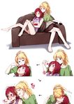  :o :t ayase_eli bare_legs barefoot biting blonde_hair blush bowl casual closed_eyes comic controller couch cushion directional_arrow eating embarrassed finger_biting food green_eyes hair_ornament hair_scrunchie hairclip heart highres kiss knees_together_feet_apart kuma_(bloodycolor) leaning_on_person looking_at_another love_live! love_live!_school_idol_project magazine multiple_girls nishikino_maki nose_blush on_couch open_mouth pillow ponytail purple_eyes reclining red_hair remote_control scrunchie shirt short_shorts shorts silent_comic sitting sleeveless sleeveless_shirt smile spoken_heart surprise_kiss surprised teasing white_scrunchie yuri 