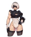 2b_(nier:automata) abs absurdres blindfold bob_cut gloves highres leotard nier:automata nier_(series) short_hair signature thick_thighs thighhighs thighs toned torn_clothes valda_arts white_background 