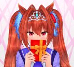  1girl animal_ears antenna_hair blush bow box commentary_request daiwa_scarlet_(umamusume) gift gift_box hair_between_eyes hair_bow hair_intakes highres holding holding_box horse_ears horse_girl long_hair looking_at_viewer m172/minatsu red_bow red_eyes red_hair school_uniform simple_background solo tiara tracen_school_uniform twintails two-tone_background umamusume upper_body very_long_hair white_background 
