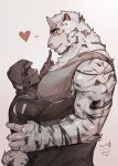 &lt;3 anthro arknights big_muscles big_pecs clothing craftscott58992 doctor_(arknights) duo eye_contact felid fur hi_res holding_partner hug human human_on_anthro hypergryph interspecies intimate larger_anthro larger_male looking_at_another male male/male mammal mountain_(arknights) muscular muscular_anthro muscular_male pantherine pecs romantic romantic_couple shirt size_difference smaller_human smaller_male striped_body striped_fur stripes studio_montagne tank_top tiger tongue tongue_out topwear white_body white_fur