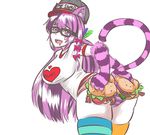  :d alternate_costume animal_ears arched_back bespectacled black-framed_eyewear blue_legwear breasts bwsnowy cat_ears cat_tail cheshire_cat_(monster_girl_encyclopedia) clothes_writing cowboy_shot fangs feathers food glasses hair_feathers hair_ribbon hamburger hat heart large_breasts leaning_forward long_hair meme mismatched_legwear monster_girl monster_girl_encyclopedia multicolored_hair no_pants open_mouth panties paws purple_eyes purple_hair purple_panties ribbon shirt simple_background smile solo streaked_hair striped striped_legwear striped_panties striped_tail t-shirt tail tail_raised teeth thighhighs tress_ribbon two-tone_hair underwear very_long_hair white_background yellow_legwear 