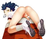  1boy ass blush condom_in_mouth gym_uniform inazuma_eleven_(series) inazuma_eleven_go looking_at_viewer ouse_(otussger) penis short_hair simple_background tsurugi_kyousuke 