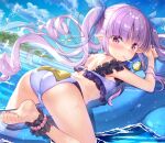  ass blue_sky breasts crime_prevention_buzzer fujima_takuya inflatable_dolphin inflatable_toy kyouka_(princess_connect!) long_hair looking_at_viewer o-ring outdoors pointy_ears princess_connect! purple_hair sky small_breasts swimsuit twintails very_long_hair water 
