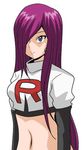  alternate_hairstyle crop_top earrings elbow_gloves expressionless gloves hair_over_one_eye jewelry koutarosu long_hair musashi_(pokemon) navel pokemon pokemon_(anime) purple_hair solo team_rocket white_background 