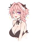  1girl artist_logo astolfo_(fate) black_bow black_bra bow bra braid breasts emu_(confisery) fang fate/apocrypha fate/grand_order fate_(series) frilled_bra frills genderswap genderswap_(mtf) hair_between_eyes hair_bow hair_intakes highres large_breasts long_hair multicolored_hair open_mouth pink_hair portrait purple_eyes simple_background single_braid skin_fang smile solo sparkle streaked_hair two-tone_hair type-moon underwear white_background white_hair 