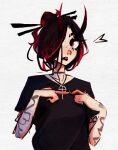  1girl arm_tattoo black_choker black_hair black_shirt choker commentary demon_horns english_commentary hair_bun hair_ornament hair_over_one_eye hair_stick highres horns jewelry messy_hair mrpilo28 multicolored_hair necklace one_eye_covered open_mouth original red_eyes red_hair shirt simple_background solo tattoo teeth two-tone_hair upper_body upper_teeth_only white_background 