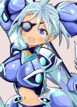  1girl :d arm_up azukimame blue_eyes blue_hair breasts earrings eyepatch grey_background holding holding_polearm holding_weapon impossible_clothes jewelry large_breasts looking_at_viewer navel open_mouth polearm praxis_(xenoblade) simple_background smile solo stomach teeth upper_body upper_teeth_only weapon xenoblade_chronicles_(series) xenoblade_chronicles_2 