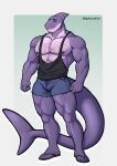 ajdrawsnice anthro beard body_hair bottomwear chest_hair cleavage_cutout clothing cutout facial_hair fish flip_flops footwear gael_(audaz) hi_res male marine muscular sandals shark shorts solo standing