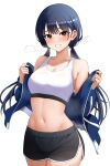  1girl armpit_crease bare_shoulders black_hair black_shorts blue_jacket blush boku_no_kokoro_no_yabai_yatsu breasts brown_eyes cleavage collarbone commentary_request cowboy_shot dolphin_shorts floating_hair grin highres jacket large_breasts long_hair long_sleeves looking_at_viewer low_twintails midriff navel off_shoulder open_clothes open_jacket opened_by_self sacra_(sacrabokuyaba) short_shorts shorts simple_background smile solo sports_bra standing steaming_body sweat track_jacket twintails white_background white_sports_bra yamada_anna 