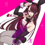  1girl absurdres alternate_costume animal_ears bridal_gauntlets brown_eyes earrings fake_animal_ears hand_on_own_head highres hijiri_ageha hirogaru_sky!_precure invisible_chair jewelry leotard long_hair playboy_bunny precure purple_eyes purple_leotard rabbit_ears rabbit_tail sitting solo swept_bangs tail triangle_earrings wrist_cuffs zassou_(taitakoiri) 