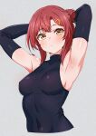  1girl armpits arms_behind_head black_bodysuit black_gloves bodysuit breasts commentary_request covered_navel cropped_torso elbow_gloves gloves grey_background hair_ornament hairclip highres kamidan looking_at_viewer medium_breasts original red_hair short_hair simple_background skin_tight sleeveless sleeveless_turtleneck solo turtleneck upper_body yellow_eyes 