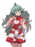  1girl :3 absurdres blush closed_mouth cloud_print collared_shirt commentary commission curly_hair eddybird55555 english_commentary green_eyes green_hair heart heart_print highres horns komano_aunn long_hair red_shirt ringed_eyes shirt short_sleeves shorts simple_background single_horn solo touhou white_background white_shorts 