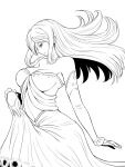  1girl closed_mouth commentary_request detached_sleeves dress greyscale high_contrast kakone long_hair looking_at_viewer monochrome original simple_background smile solo strapless strapless_dress 