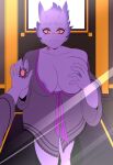  anthro areola areola_slip big_breasts body_swap breast_grab breasts clothing female first_person_view generation_1_pokemon gengar hand_on_breast hi_res implied_gender_transformation implied_transformation inside mirror nintendo one_breast_out pokemon pokemon_(species) red_eyes reflection ring robe senpailove solo 