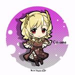  1girl artist_name bare_shoulders blonde_hair boots brown_dress brown_footwear character_name chibi chibi_only citrinne_(fire_emblem) closed_mouth dress earrings fire_emblem fire_emblem_engage full_body hand_on_own_hip jewelry kiritaki looking_at_viewer red_eyes smile solo 