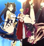  1boy 2girls armlet asymmetrical_legwear black_bow black_hair black_legwear black_leotard black_panties blonde_hair blue_legwear bow bra breasts choker cropped_arms earrings ereshkigal_(fate/grand_order) fate/grand_order fate_(series) floating_hair gilgamesh hair_bow high_heels ishtar_(fate/grand_order) jewelry leotard long_hair looking_at_viewer medium_breasts multiple_girls navel panties parted_lips red_eyes sen_(77nuvola) sideboob single_thighhigh sitting standing strapless strapless_bra thighhighs twintails underwear very_long_hair white_bra yellow_footwear 