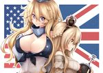  american_flag bare_shoulders blonde_hair blue_eyes braid breasts cleavage detached_sleeves dress flag_background french_braid front-tie_top green_eyes hachachi hair_between_eyes height_difference highres iowa_(kantai_collection) kantai_collection large_breasts light_smile lips long_hair looking_at_viewer multiple_girls off-shoulder_dress off_shoulder profile short_hair smile split_theme star star-shaped_pupils symbol-shaped_pupils union_jack warspite_(kantai_collection) white_dress 