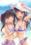  2girls ;d absurdres arm_up armpits bangs bikini bikini_skirt black_hair blue_bikini blurry blurry_background blush breasts character_request cleavage cloud day floating_hair floral_print grey_bikini hair_ribbon hat highres kuroneko_w1nter long_hair medium_breasts multiple_girls one_eye_closed open_mouth outdoors print_bikini purple_eyes purple_ribbon ribbon sideboob small_breasts smile standing sun_hat swimsuit twintails white_hat 