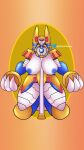  anthro anubian_jackal anubis_necromancess areola big_breasts blue_areola blue_nipples breasts canid canine canis capcom crossgender female front_view hi_res huge_breasts jackal machine mammal mega_man_(series) mega_man_zero mrpencilnsfw nipples object_between_breasts orange_background red_eyes reploid robot simple_background solo staff staff_between_breasts thick_thighs white_body wide_hips yellow_background 