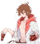  1boy ahoge belt bishounen brown_hair coffee coffee_pot cola commentary_request cup granblue_fantasy hair_between_eyes holding holding_coffee_pot holding_cup hood hood_down jacket light_frown male_focus masakane messy_hair multicolored_clothes navel open_clothes open_jacket red_eyes sandalphon_(granblue_fantasy) sandalphon_(summer)_(granblue_fantasy) short_hair sketch sleeves_rolled_up solo_focus upper_body white_background 