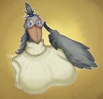 accessory anthro avian beak big_breasts bird blue_eyes breasts curvy_anthro curvy_female curvy_figure eyewear feathered_wings feathers female gesture glasses grey_body grey_feathers hair_accessory hair_tie hand_gesture head_feathers hi_res looking_at_viewer mature_anthro mature_female pelecaniform pointing raised_finger seb_valenz sheila_(seb_valenz) shoebill slightly_chubby slightly_chubby_female smile smiling_at_viewer solo voluptuous_anthro voluptuous_female wings