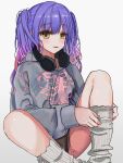  1girl adjusting_sock alternate_costume black_panties blue_hair blush commentary_request eyelashes eyes_visible_through_hair feet_out_of_frame gradient_hair grey_hoodie hair_between_eyes headphones headphones_around_neck highres hood hood_down hoodie knees_apart_feet_together knees_up kohibari_kurumi korean_commentary long_hair looking_at_viewer loose_socks multicolored_hair open_mouth panties pink_hair sitting skeleton_print sleeves_past_wrists smile socks solo tenshi_souzou_re-boot! tsurime twintails underwear west_gon white_socks yellow_eyes 