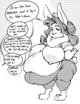  anthro areola belly big_belly big_breasts breasts crown dialogue eyewear female garuda_six glasses headgear hi_res huge_breasts lagomorph leporid mammal may_(garuda_six) monochrome navel nipples obese obese_anthro obese_female open_mouth overweight overweight_anthro overweight_female rabbit smile solo speech_bubble text weight_gain 